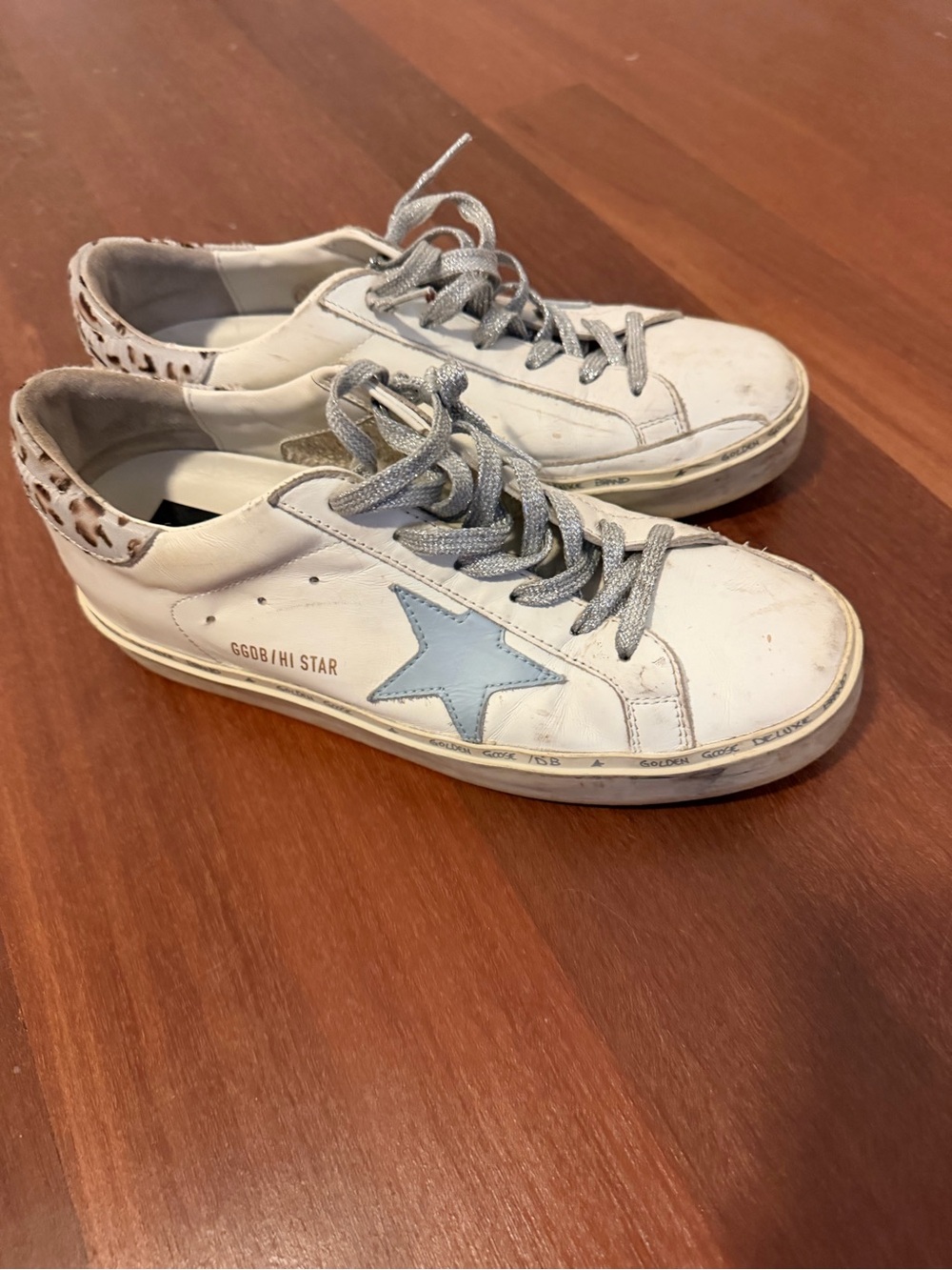 Golden Goose Super-Star Sneakers White Blue Star Leopard Heel Size 41 - Picture 2 of 5